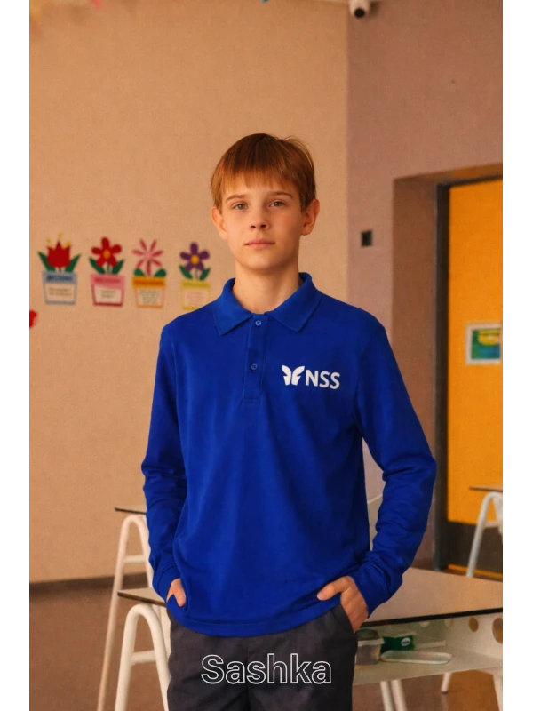 Поло для хлопчика з довгим рукавом синій з логотипом школи NSS, розмір 116-188